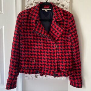 Tommy Hilfiger Vintage Y2K Houndstooth Wool Blend Moto Jacket Preppy Punk Sz 12